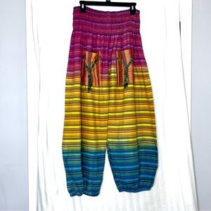 Baggy Boho Yoga Harem Pants Pink Blue Yellow Smocked Waist Size Large NWT